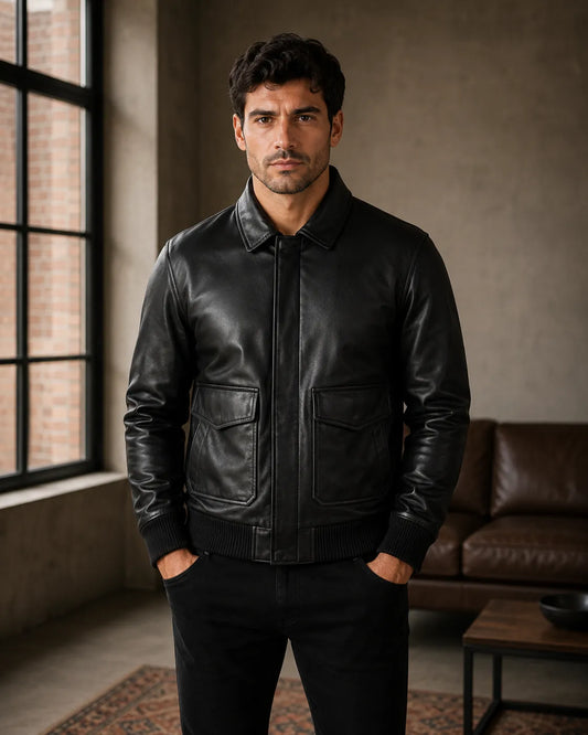 Black-Leather-Bomber-Jacket-By-SKS-Model