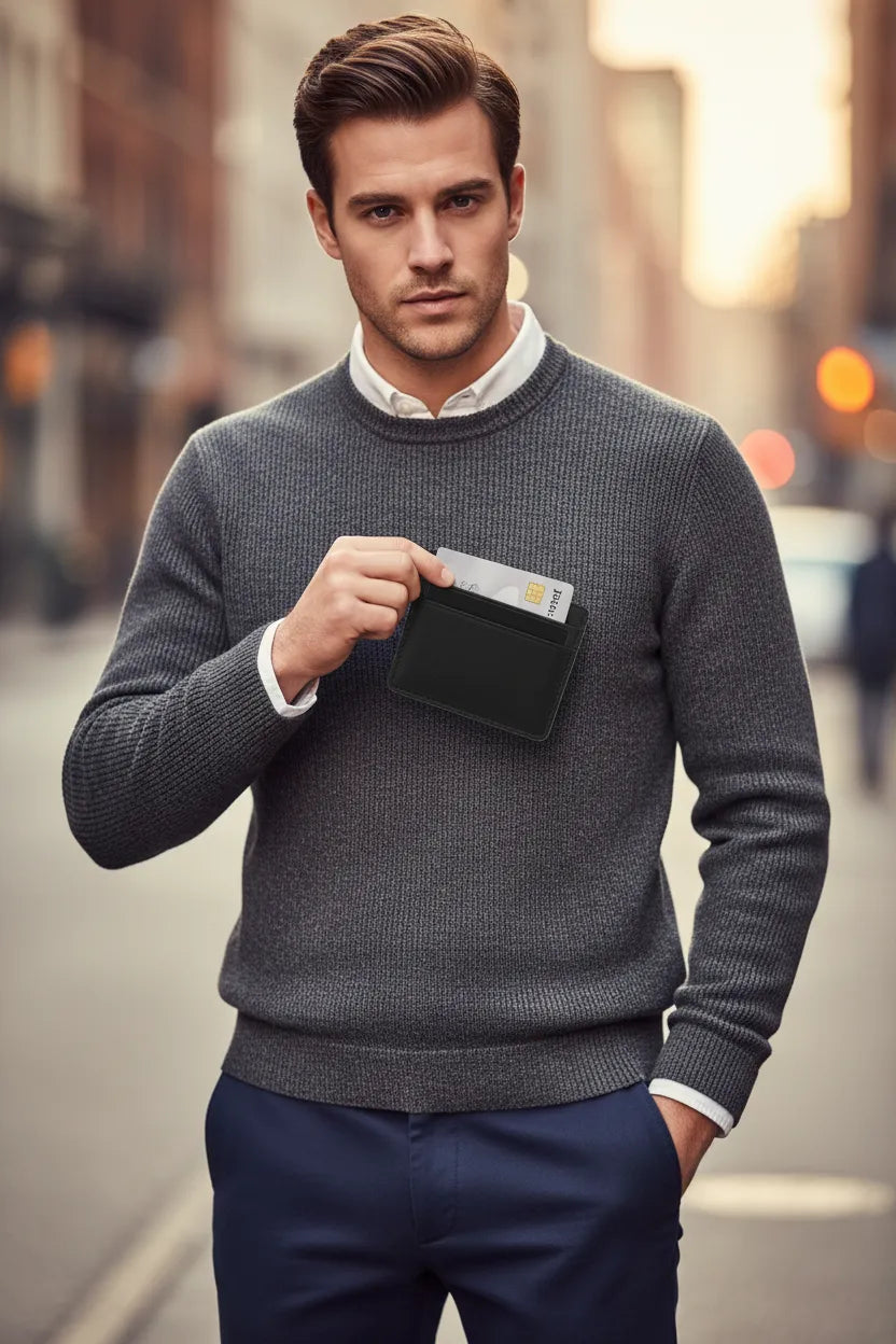 Men's black leather credit card holder, front