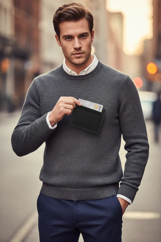 Men's black leather credit card holder, front