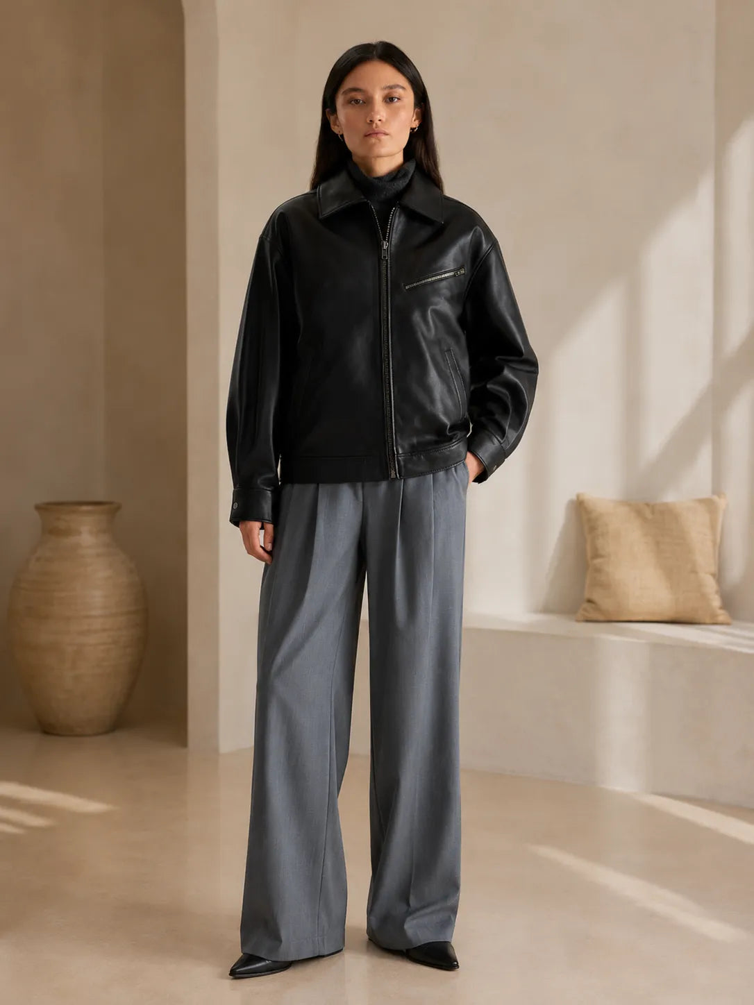 Black-Leather-Oversized-Bomber-Jacket-Front-By-SKS-Model