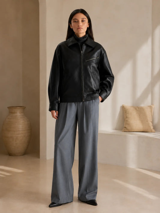 Black-Leather-Oversized-Bomber-Jacket-Front-By-SKS-Model