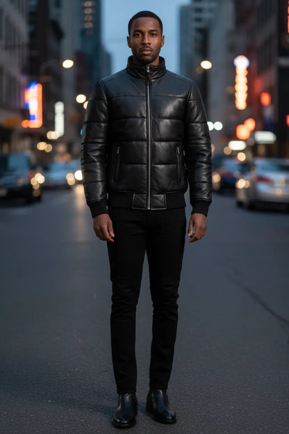 Black-Leather-Puffer-Bomber-Jacket-Front-By-SKS-Model