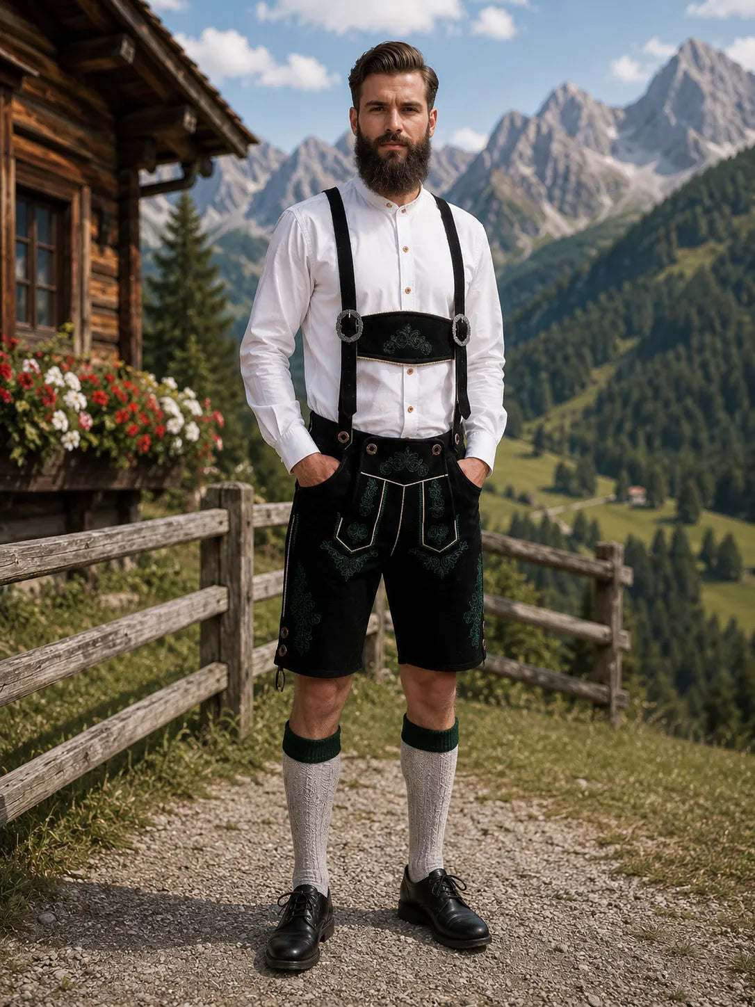 Black Bavarian lederhosen, traditional styling