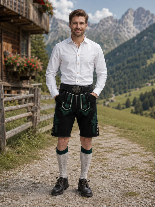 Black Bavarian lederhosen worn by model