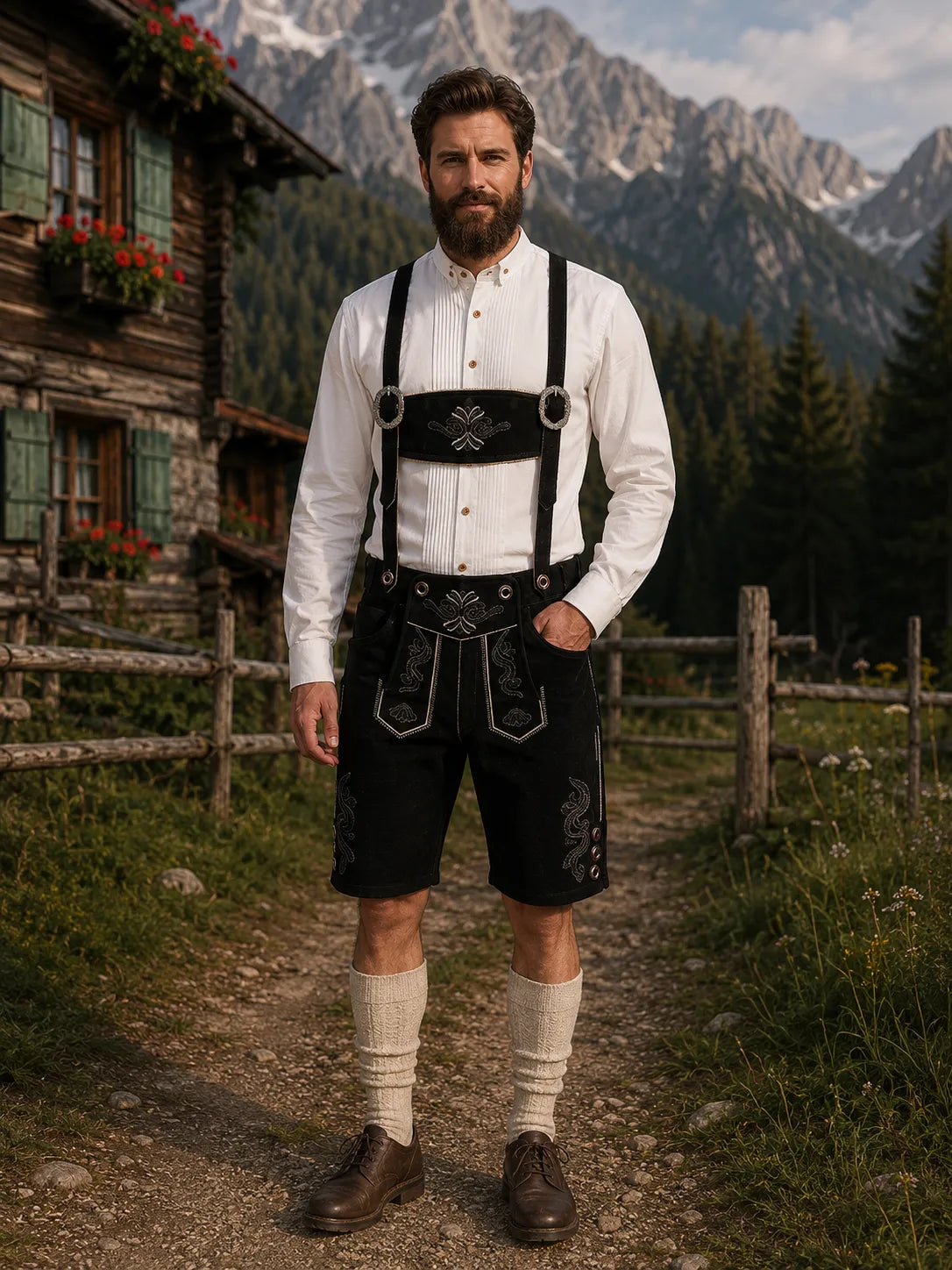 Black-Lederhosen-For-Men-Model-Front-SKS