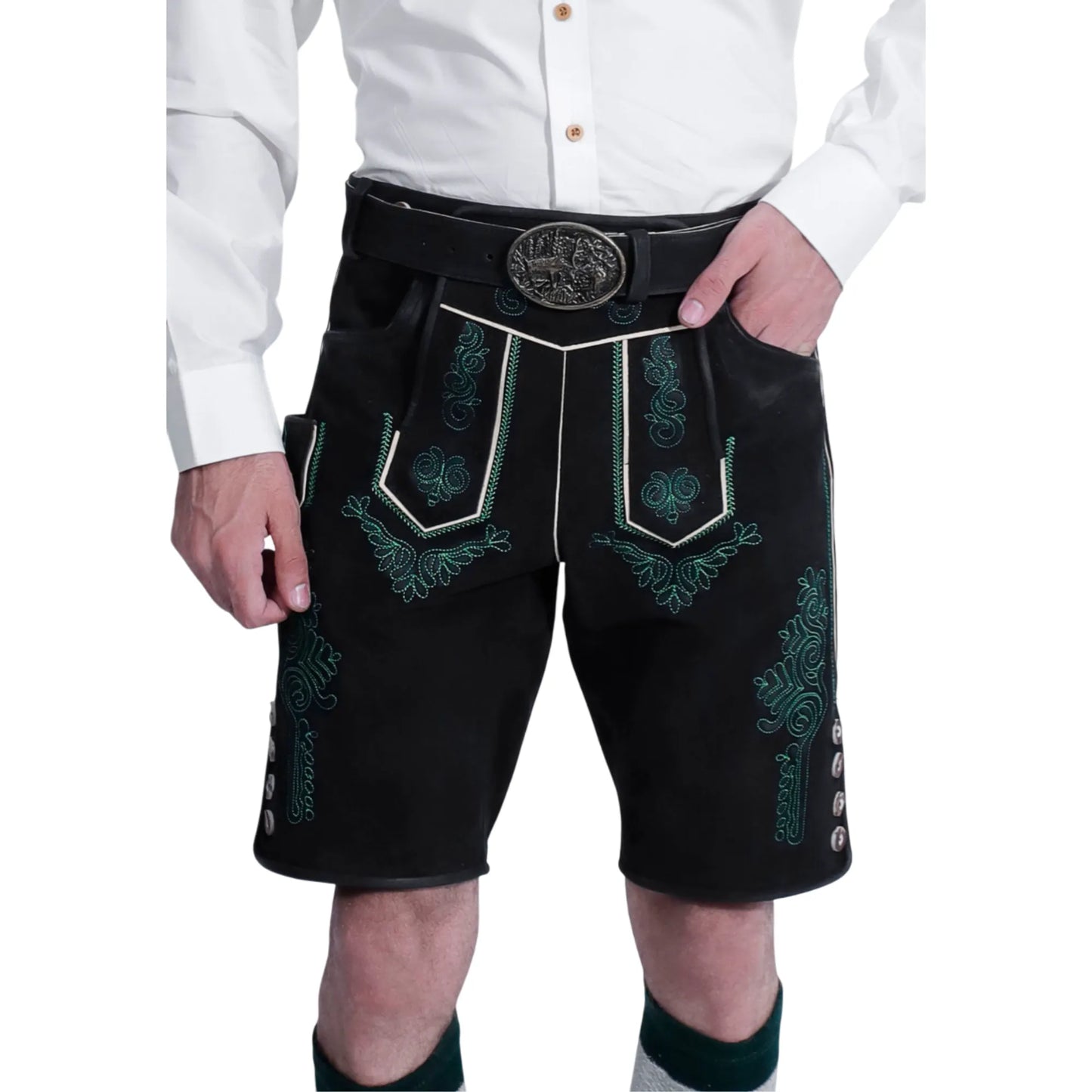 Black lederhosen with suspenders, front view