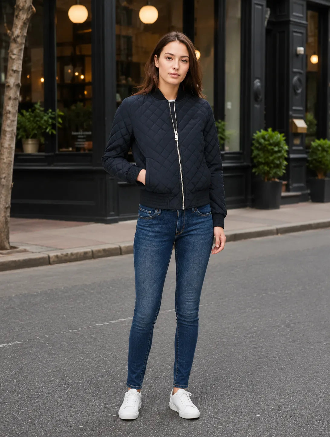 Black-Quilted-Bomber-Jacket-Womens-Front-By-SKS-Model