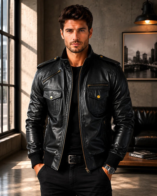 Man wearing a black leather jacket in an indoor setting
