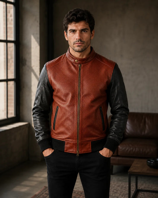 Black-and-Maroon-Leather-Bomber-Jacket-Model-By-SKS-Model