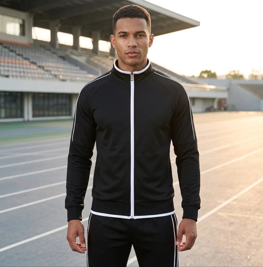 Man wearing a black tracksuit with white stripes on an outdoor track.