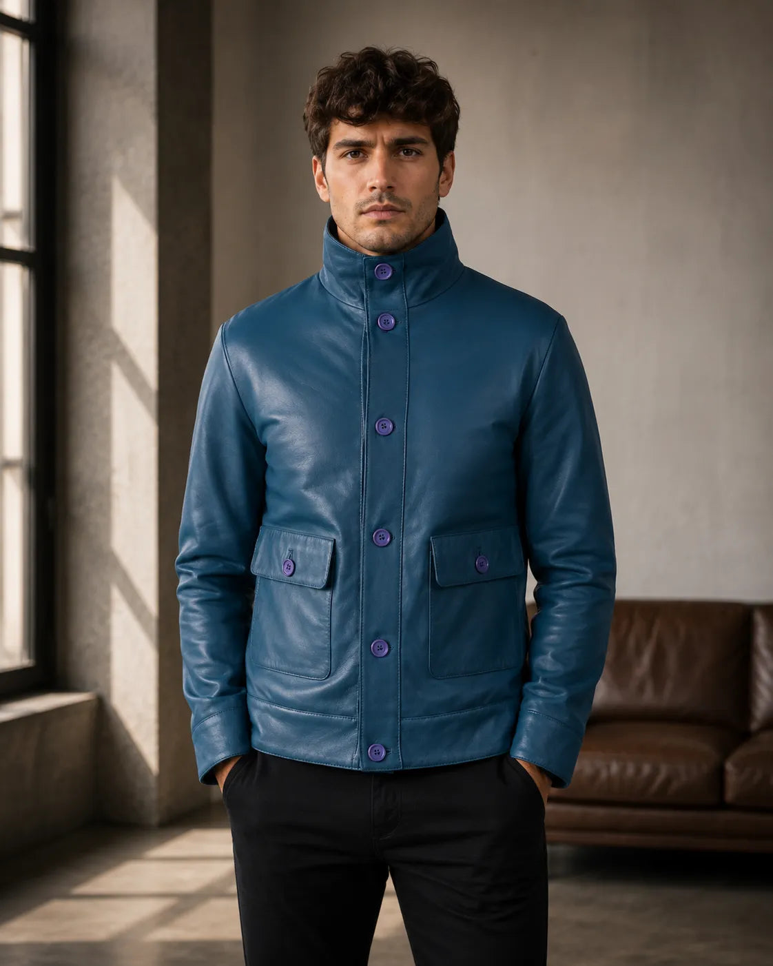 Man wearing a blue jacket in a room with a window and sofa.