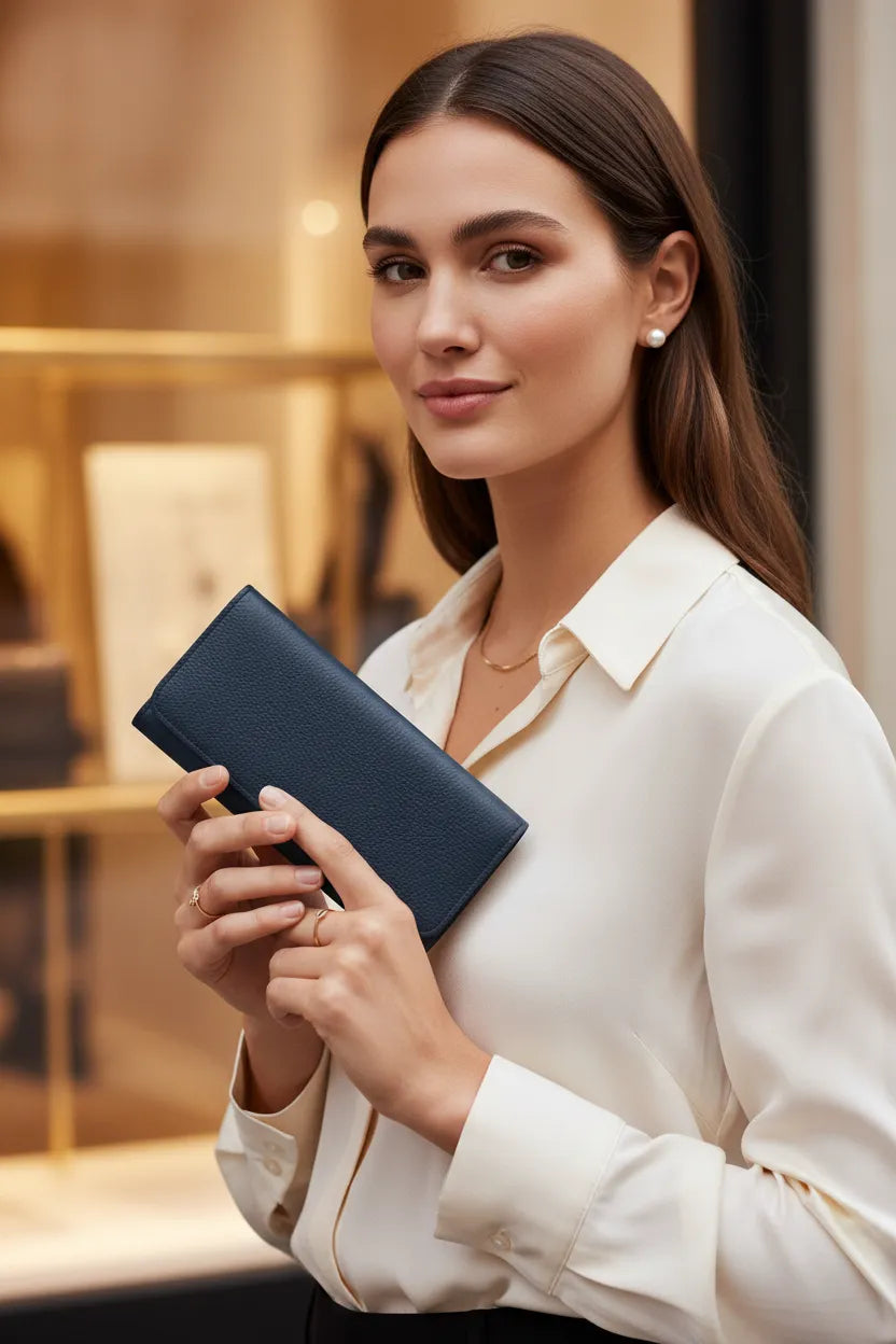Blue leather continental wallet, front angle