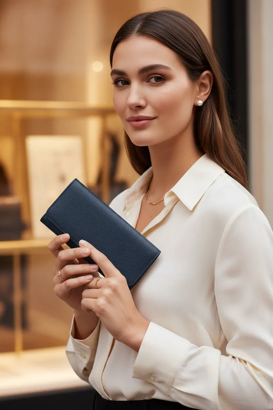 Blue leather continental wallet, front angle