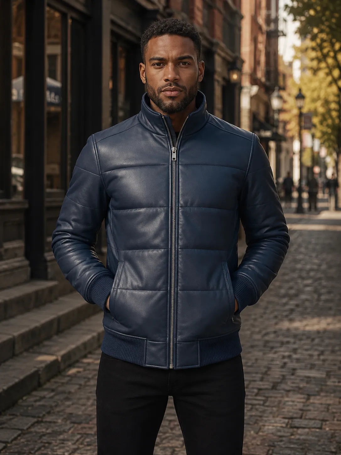 Blue-Leather-Puffer-Bomber-Jacket-Front-By-SKS-Model