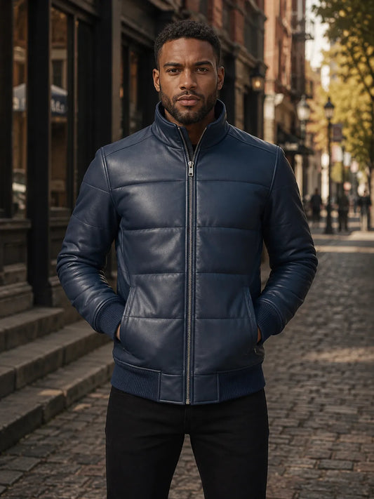 Blue-Leather-Puffer-Bomber-Jacket-Front-By-SKS-Model