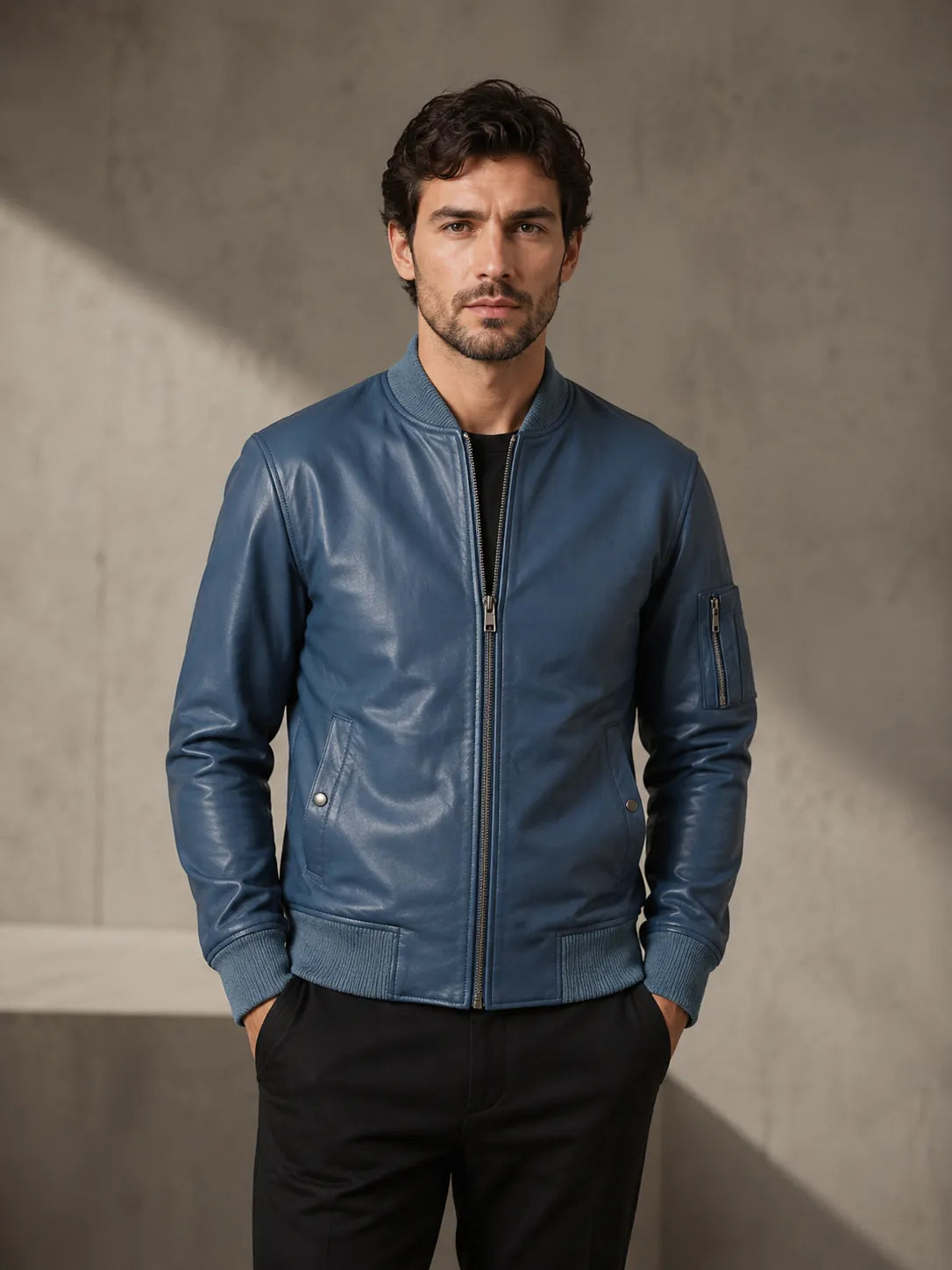 Mens-Blue-Leather-Bomber-Jacket-Model-By-SKS-Model