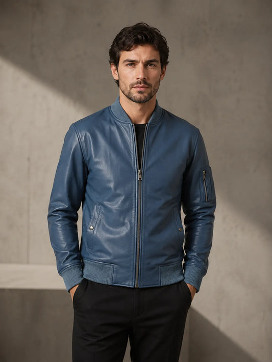 Mens-Blue-Leather-Bomber-Jacket-Model-By-SKS-Model