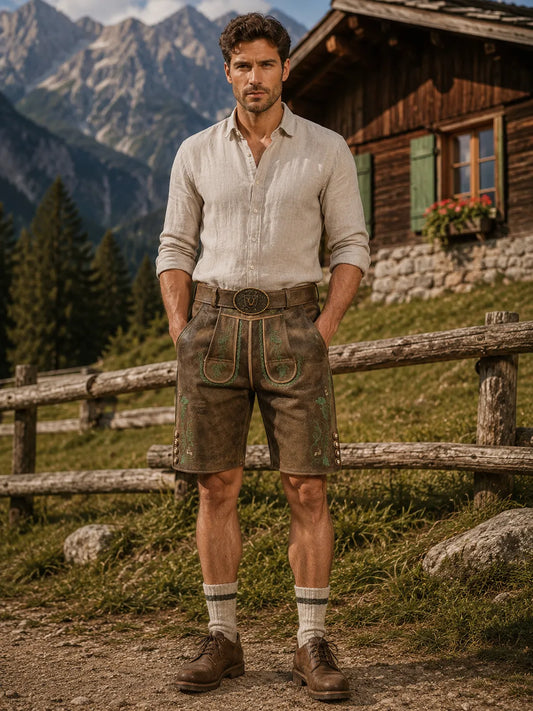 Light beige long-sleeve shirt, brown leather-trimmed traditional shorts