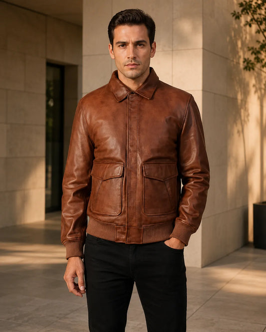 Brown-Leather-Bomber-Jacket-By-SKS-Model
