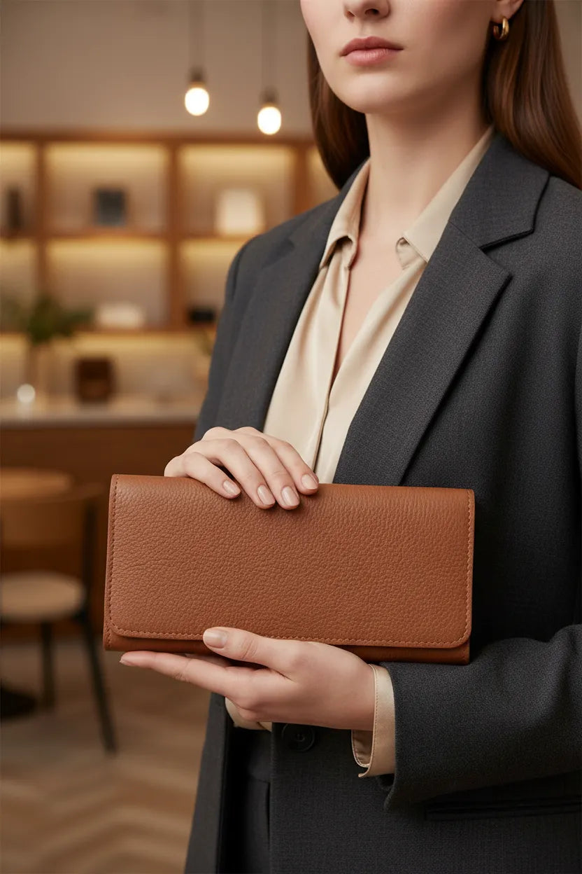 Brown leather continental wallet, front angle