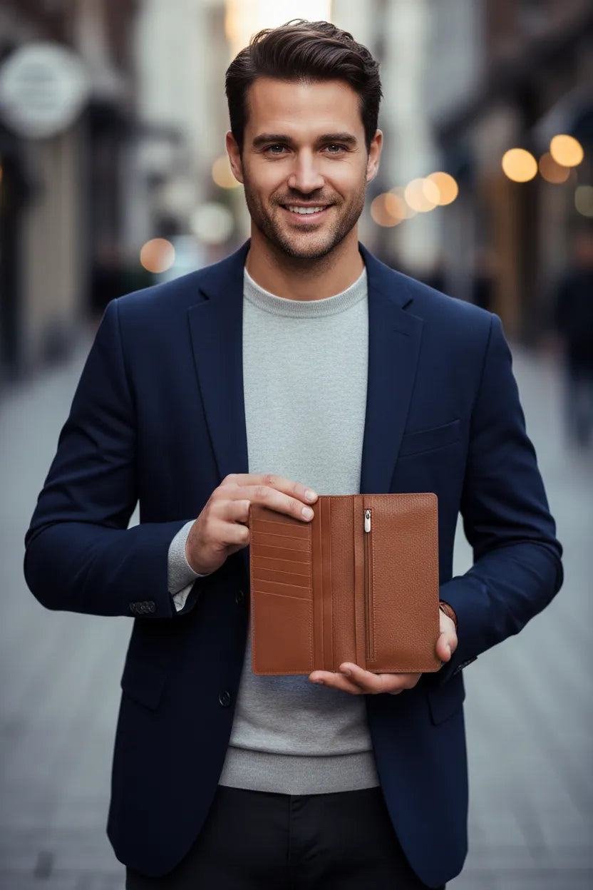Brown long leather wallet, open interior