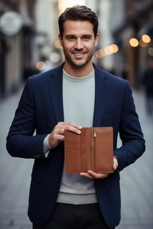 Brown long leather wallet, open interior