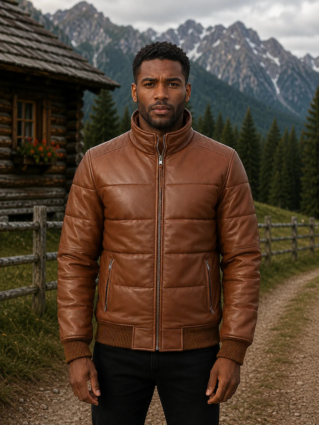 Brown-Leather-Puffer-Bomber-Jacket-Front-By-SKS-Model