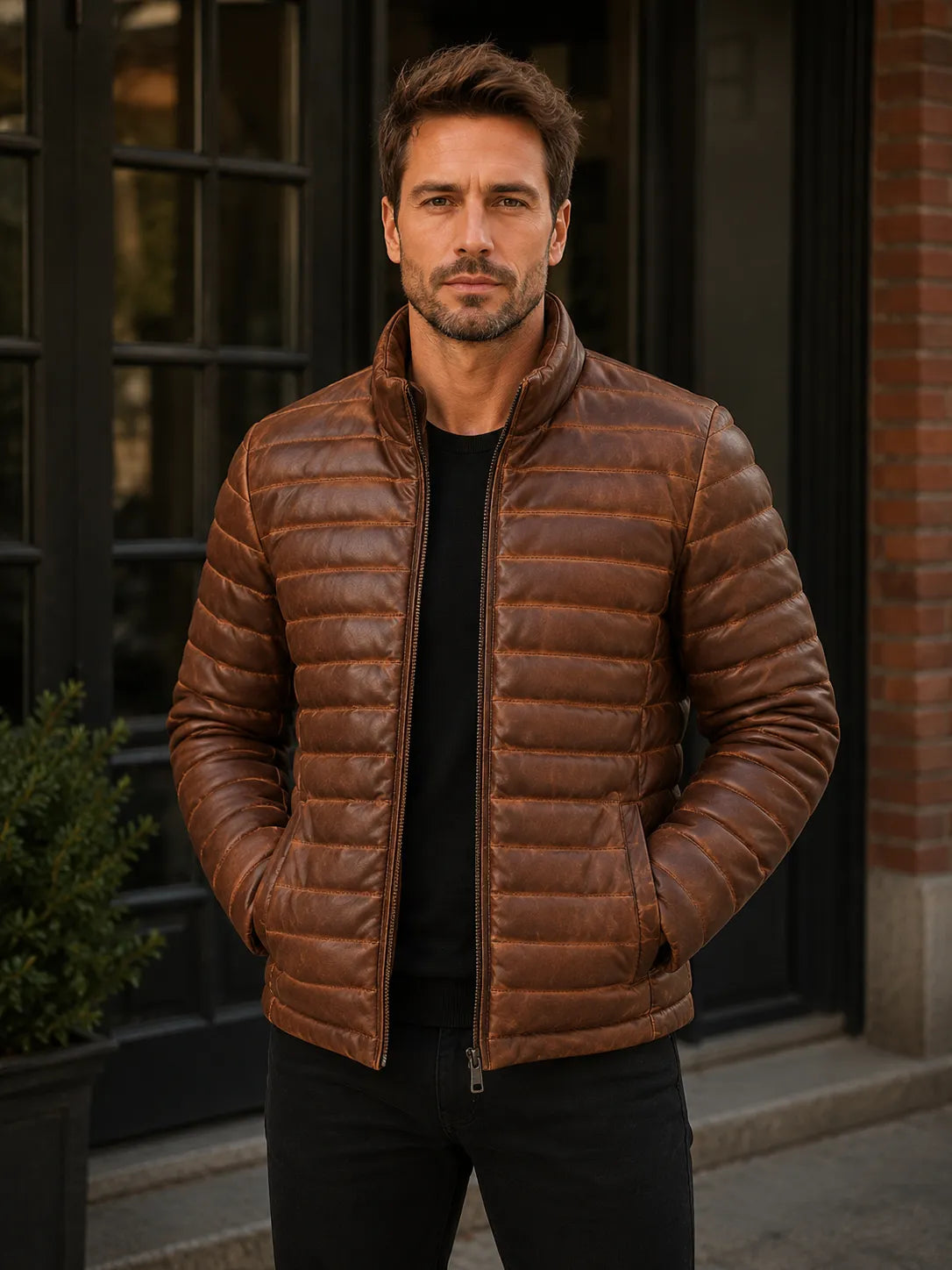 Brown-Leather-Puffer-Jacket-Front-By-SKS-Model