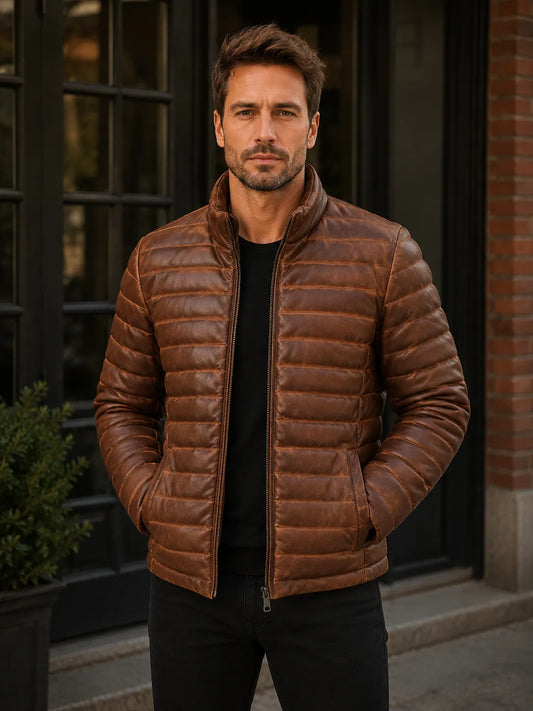 Brown-Leather-Puffer-Jacket-Front-By-SKS-Model