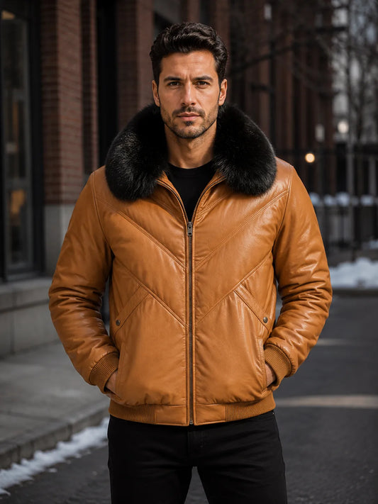Brown-Leather-V-Bomber-Jacket-By-SKS-Model