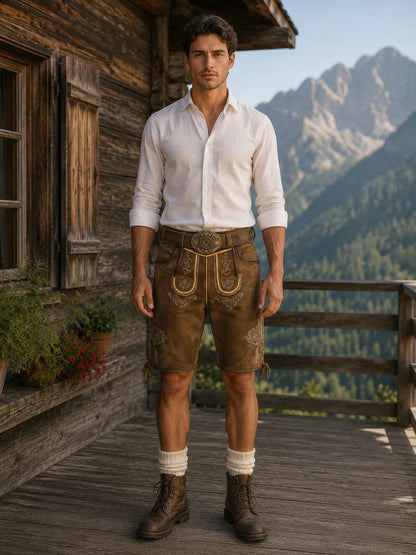 Brown leather lederhosen with gold embroidery 