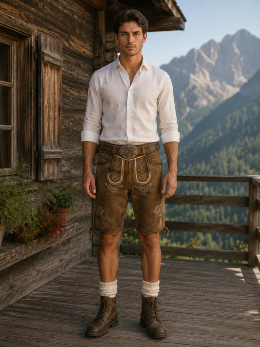 Brown leather lederhosen with gold embroidery 