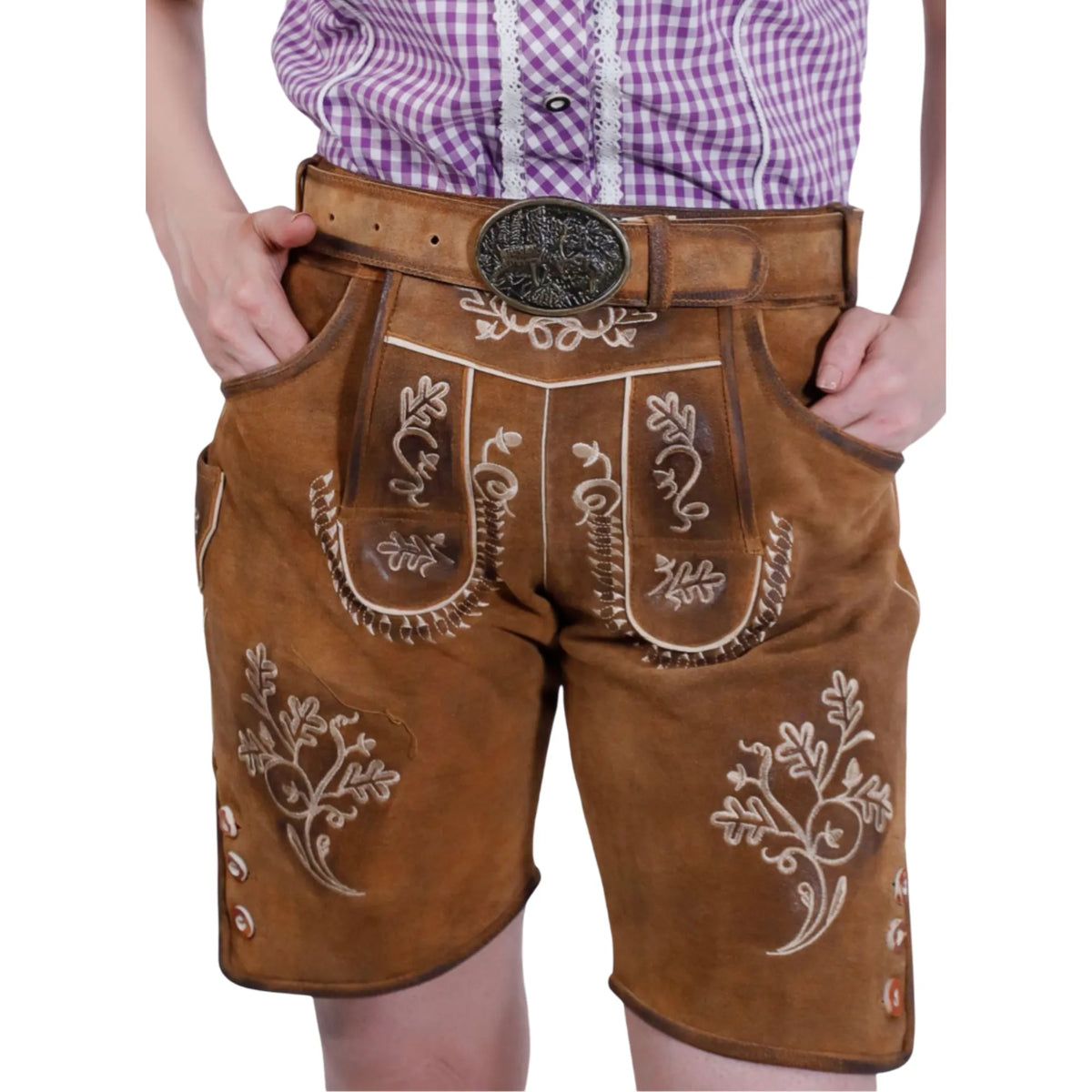 Brown women's lederhosen, front view