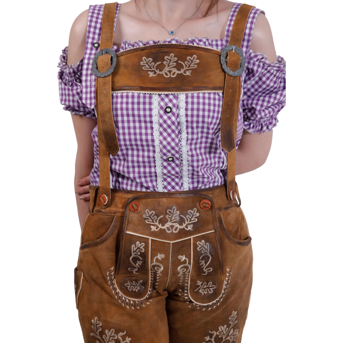 Brown women's lederhosen suspenders detail