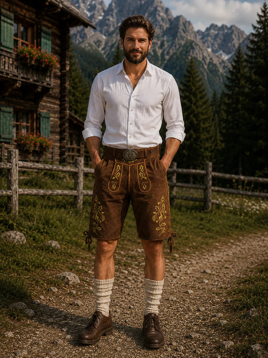 Brown short lederhosen for men, front view