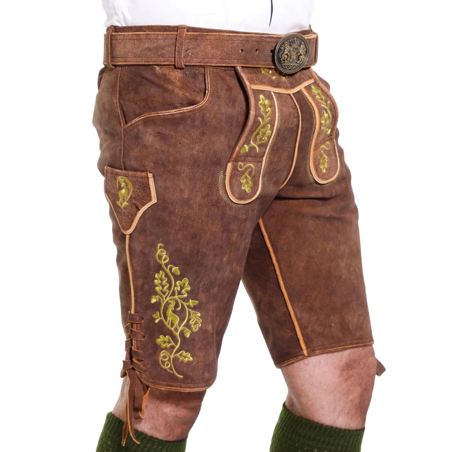 Brown short lederhosen for men, left side view