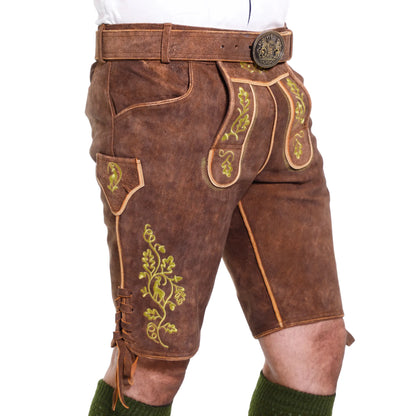 Brown short lederhosen for men, left side view