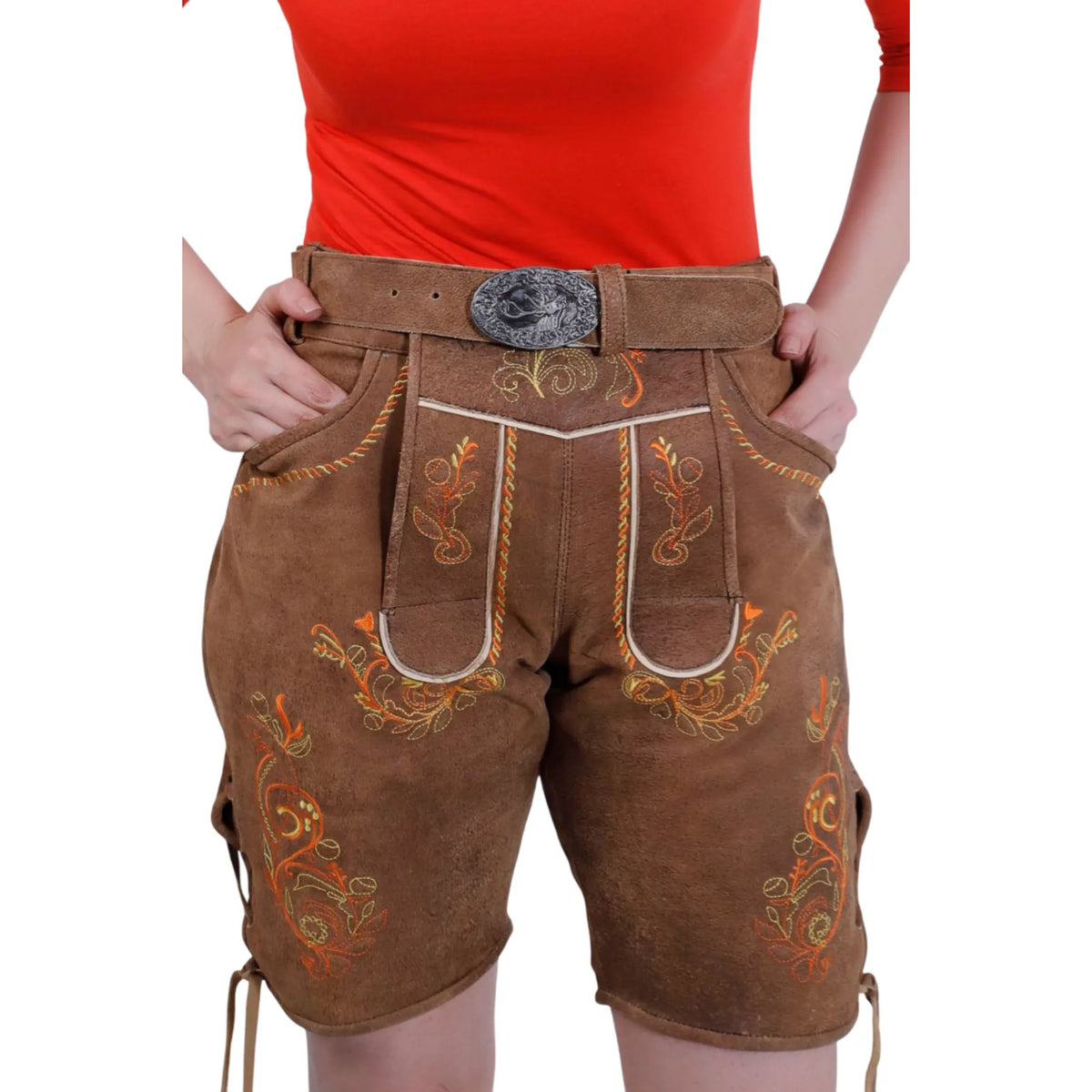Brown short lederhosen for women, front view