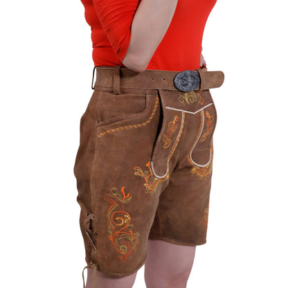 Brown short lederhosen for women, left side view