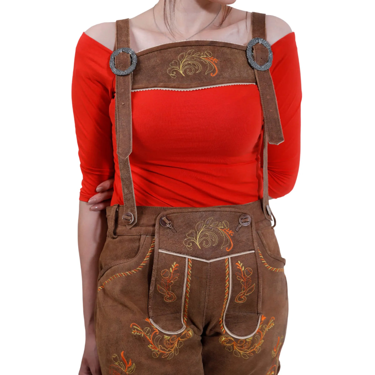 Brown short lederhosen for women suspenders detail