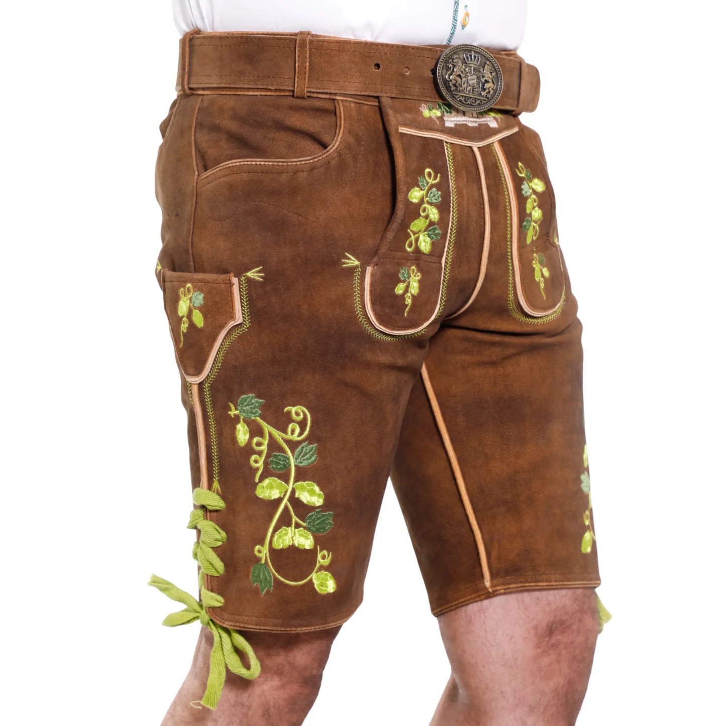 Brown short lederhosen, left side view