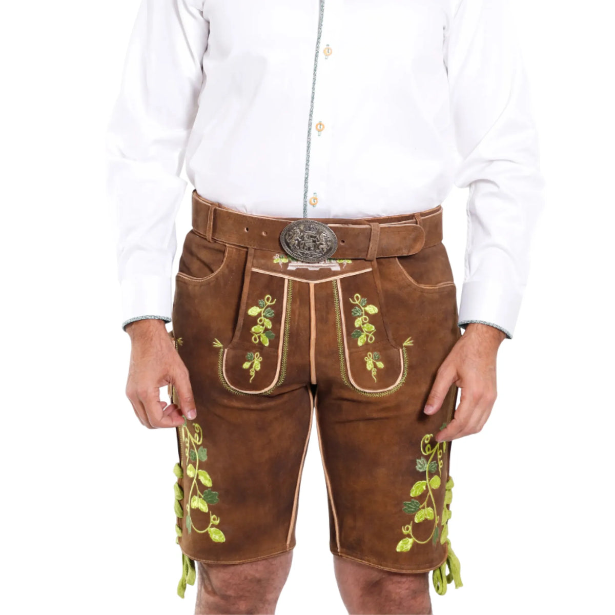 Brown short lederhosen, model pose