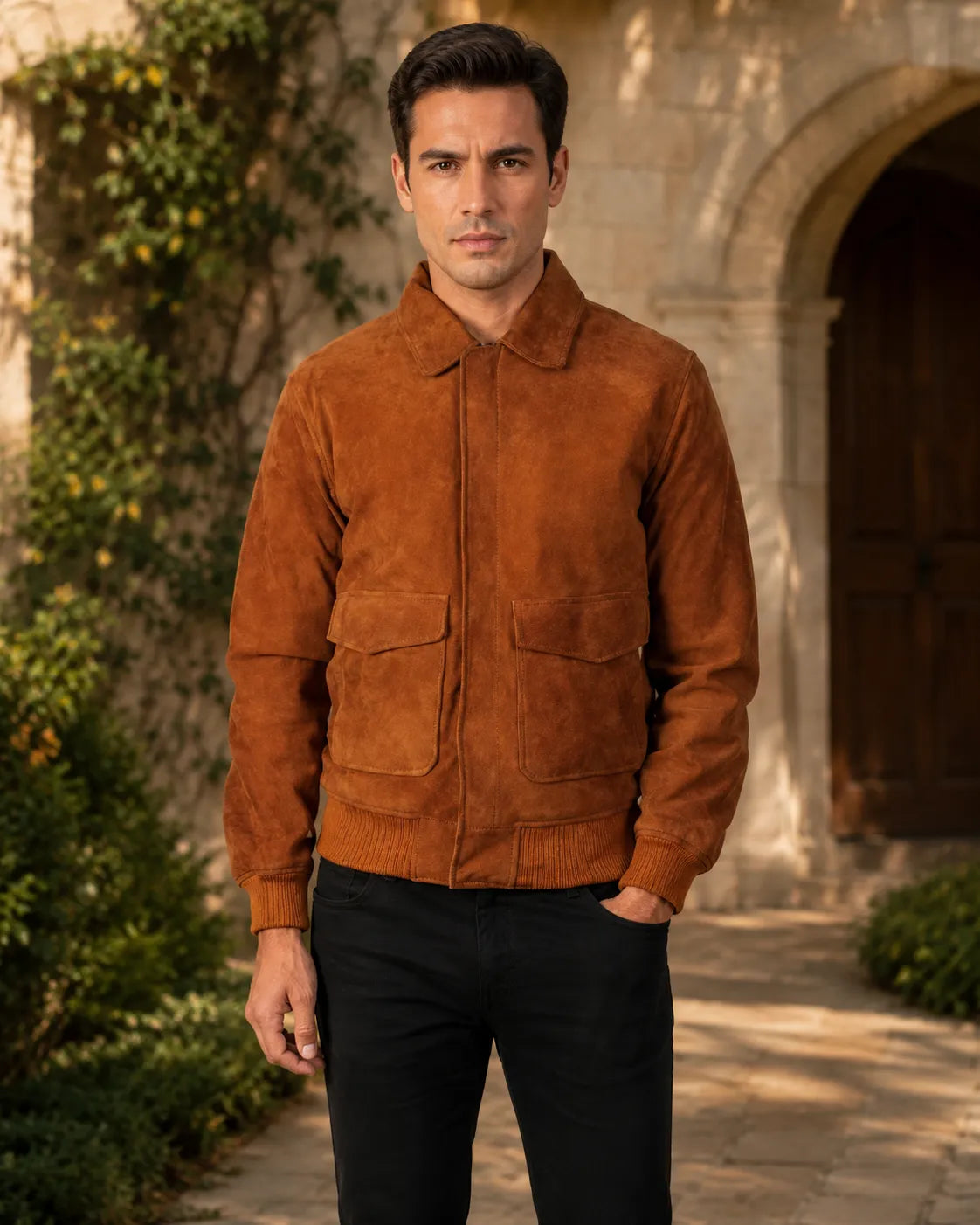 Brown-Suede-Leather-Bomber-Jacket-Front-By-SKS-Model