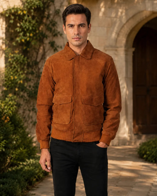 Brown-Suede-Leather-Bomber-Jacket-Front-By-SKS-Model