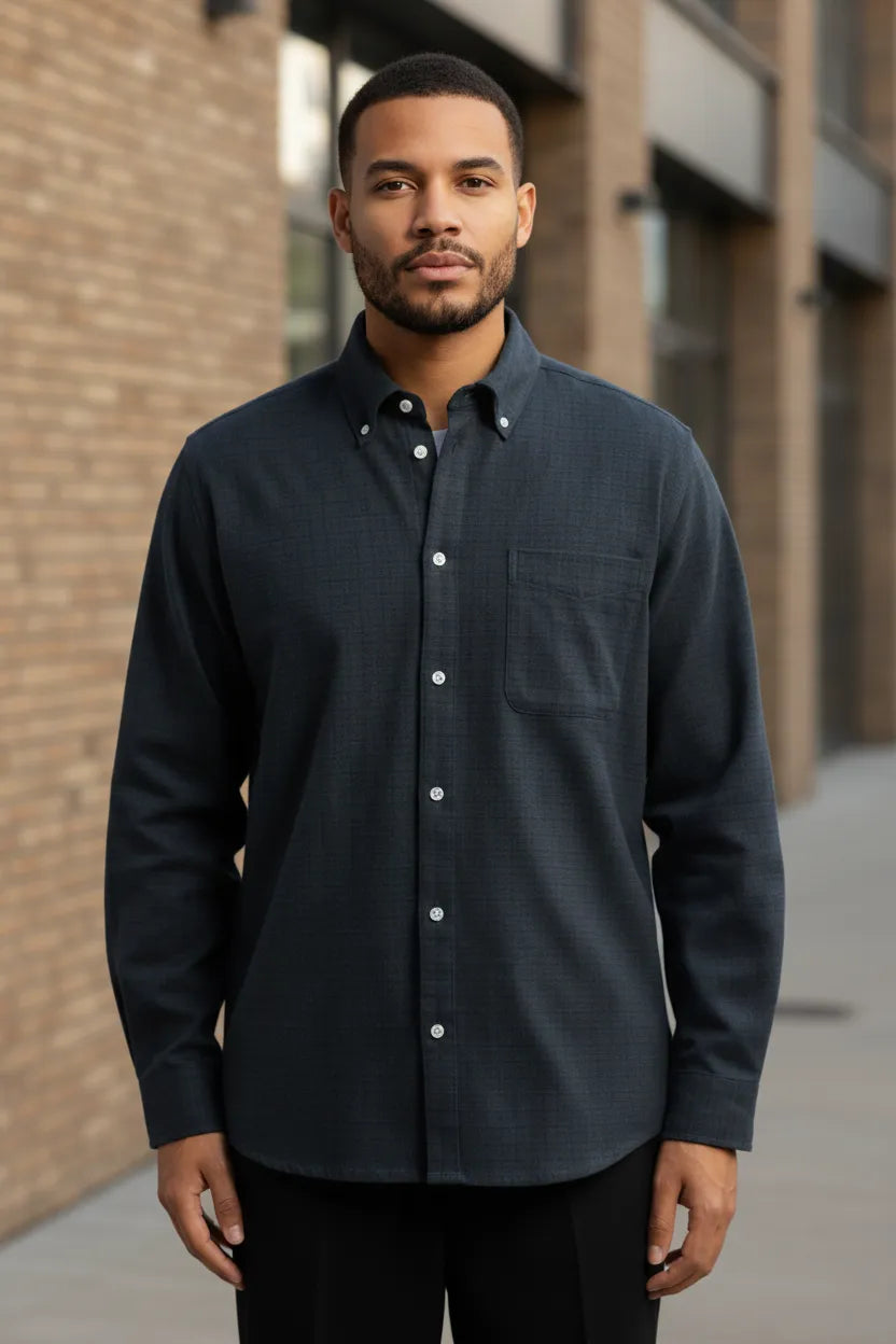 Men's navy button-down collar flannel shirt, front