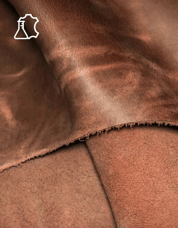 Close-up of brown leather texture with a leather icon in the corner.