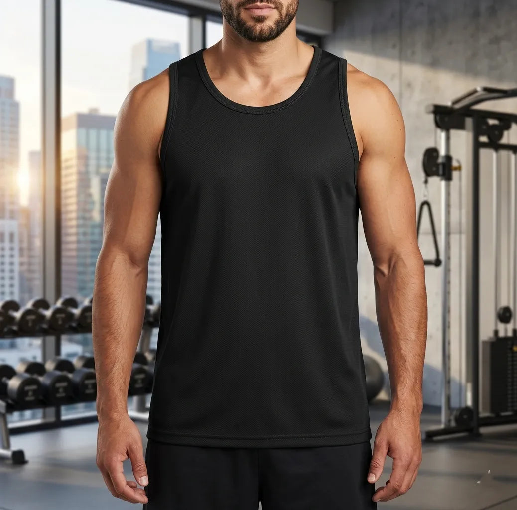 Man wearing a black tank top in a gym setting