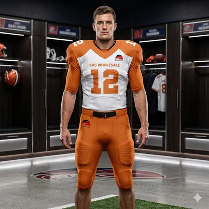 Custom full orange football uniform, front view