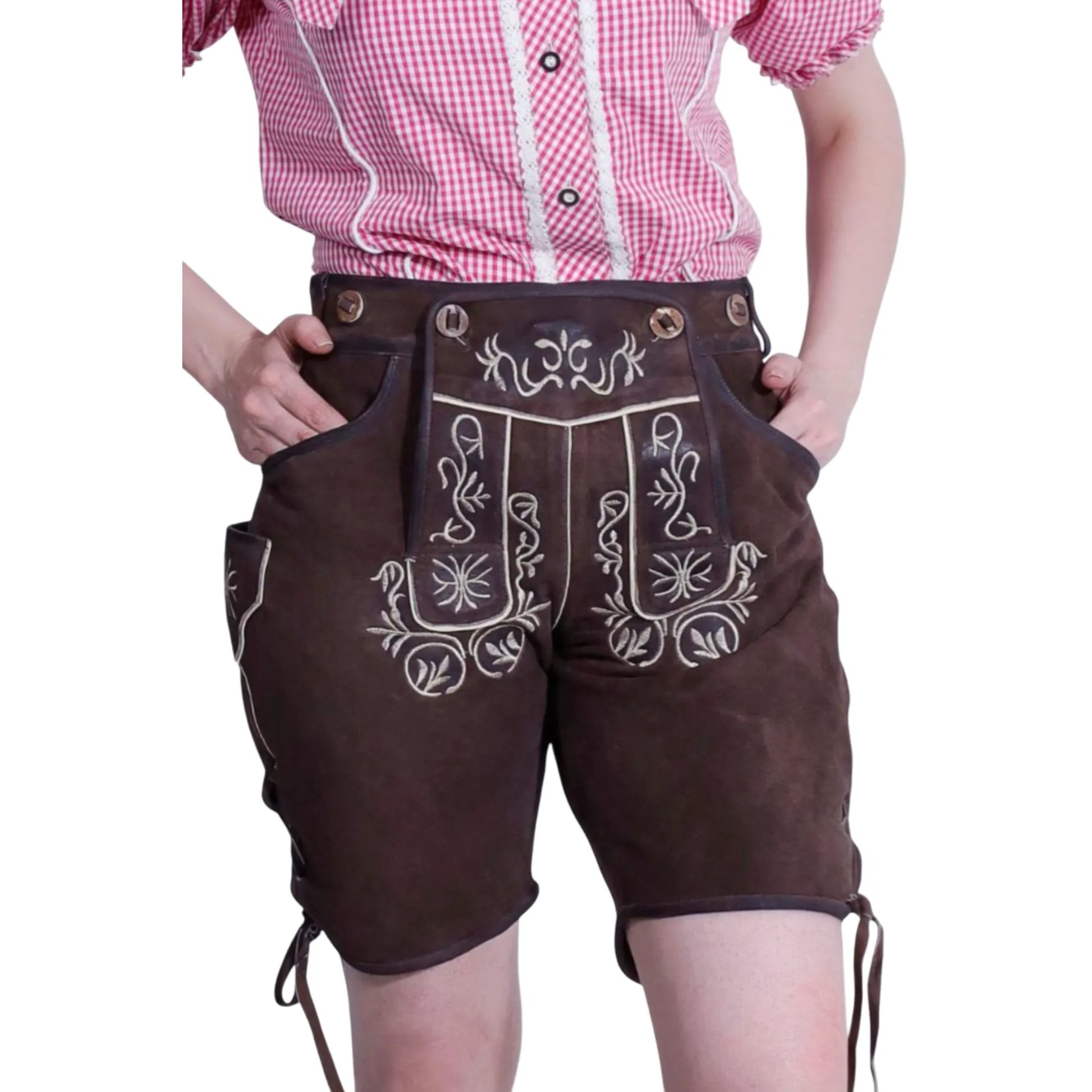 Dark brown women's lederhosen, front view