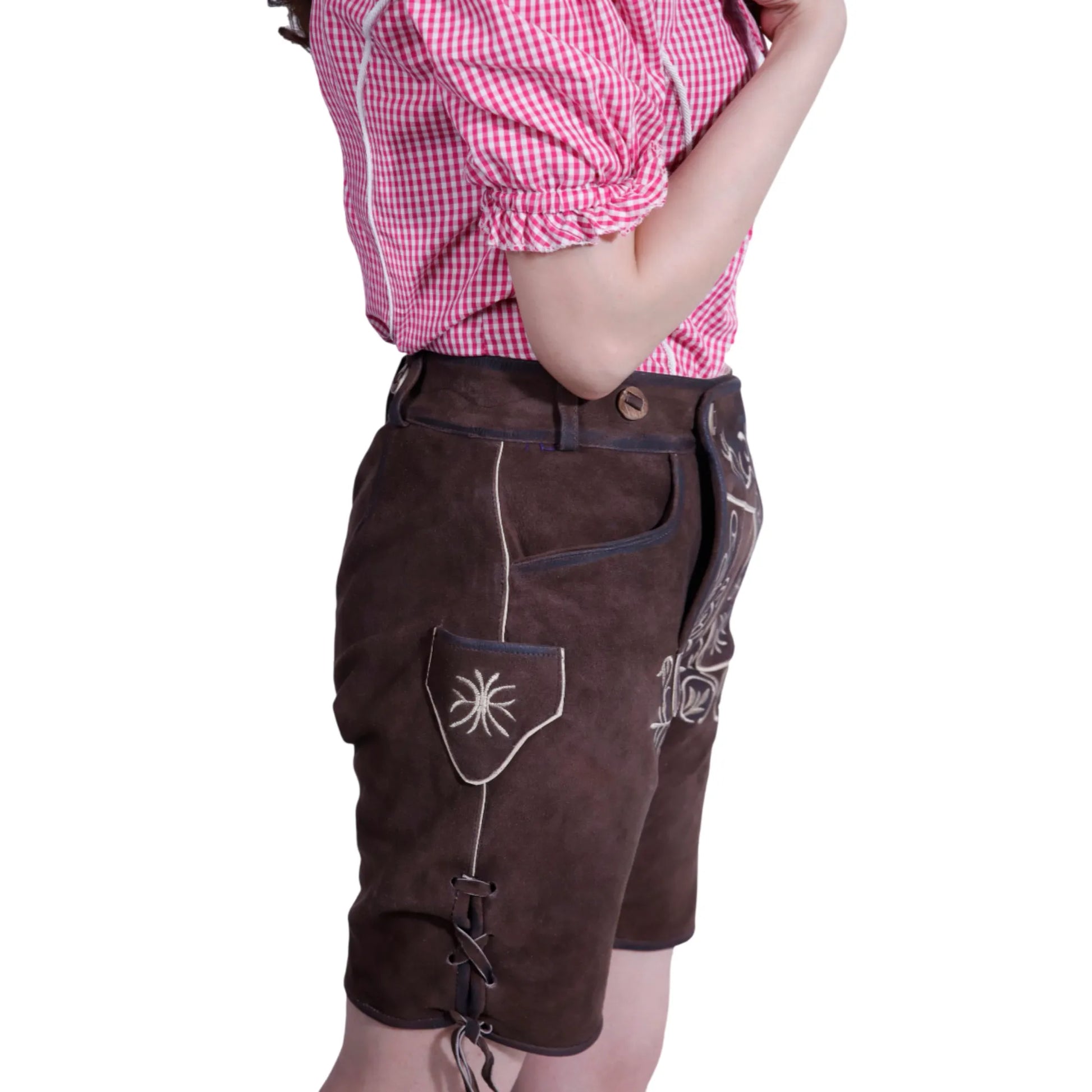 Dark brown women's lederhosen, left side view